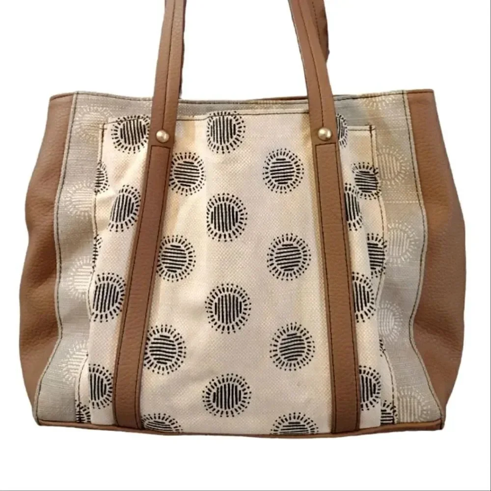 RELIC Printed Cream Canvas and Tan Faux Leather Shoulder Tote‎ Bag